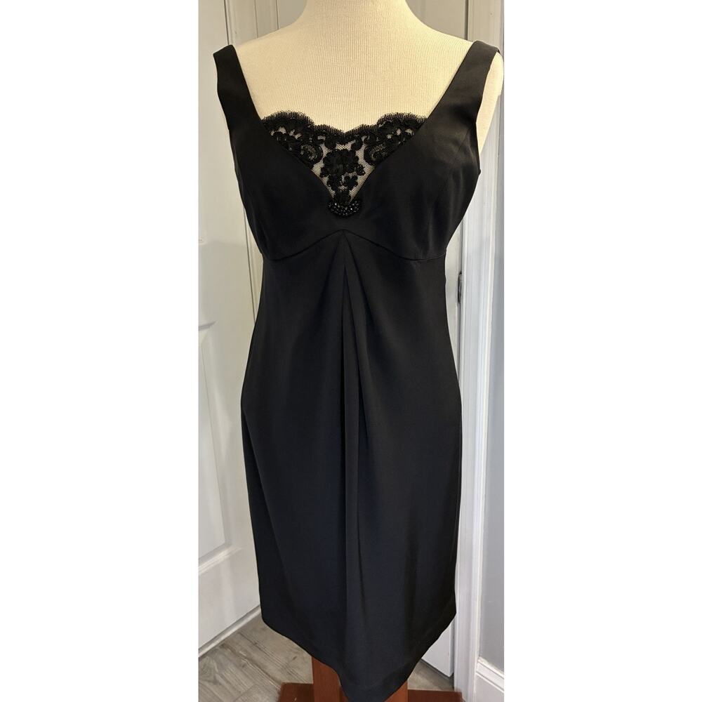 Vintage 90’s Scaravelli 100% Silk Black Cocktail Dress Size 6 Lace V-Neck Shift